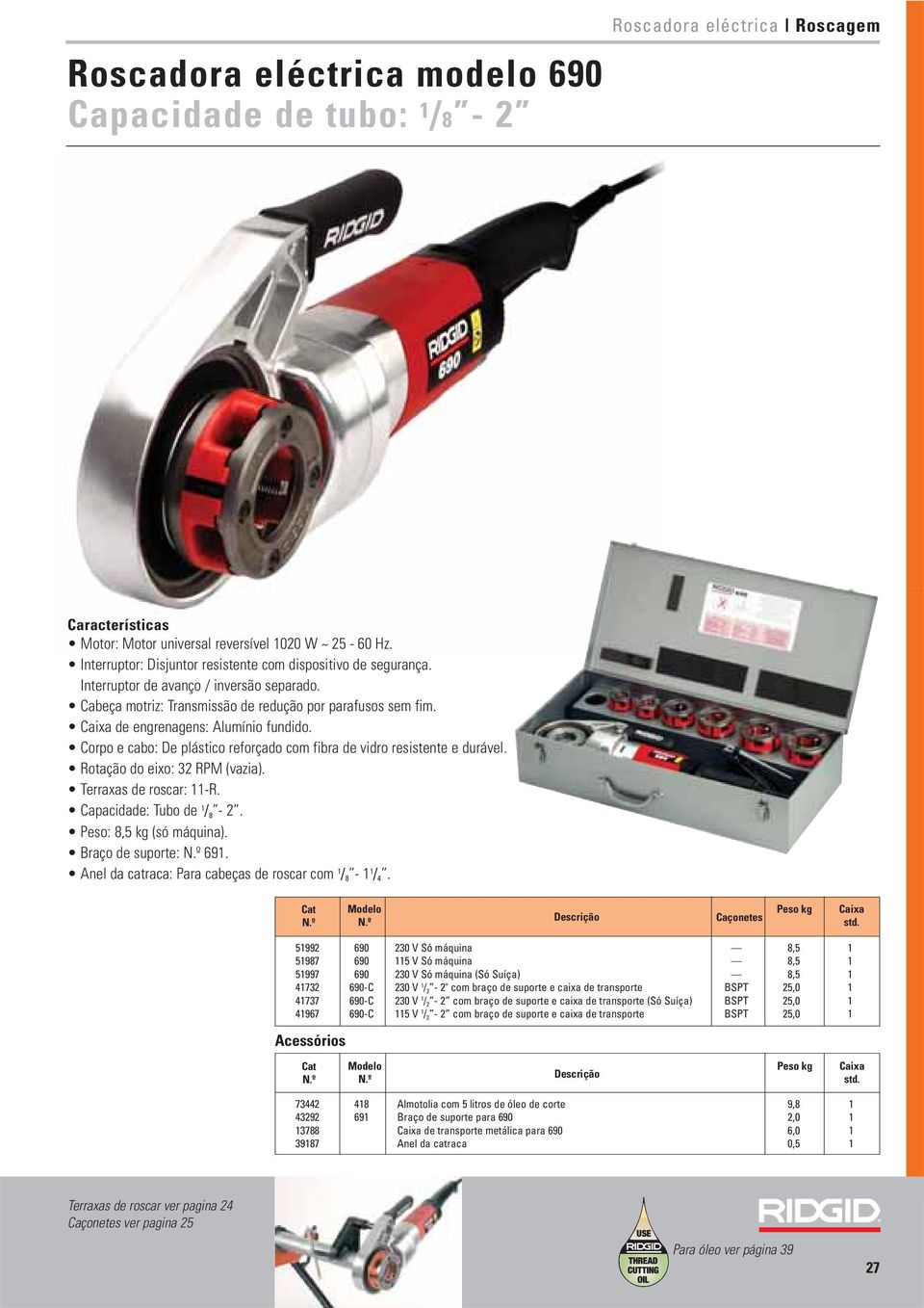 de engrenagens: Alumínio fundido. Corpo e cabo: De plástico reforçado com fibra de vidro resistente e durável. Rotação do eixo: 32 RPM (vazia). Terraxas de roscar: 11-R. Capacidade: Tubo de 1 / 8-2.