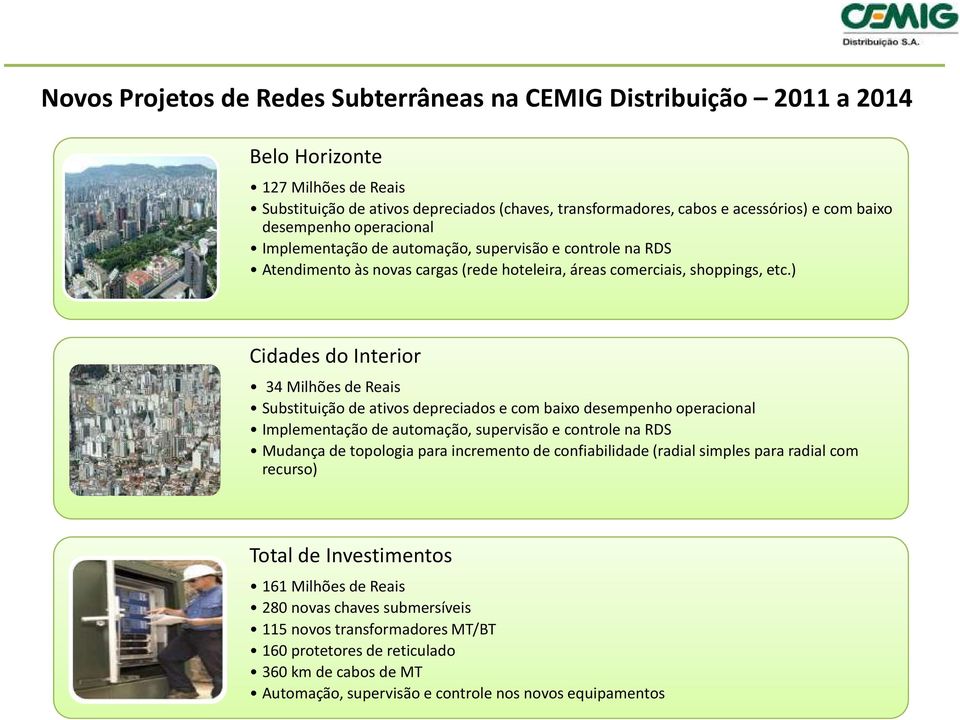 ) Cidades do Interior 34 Milhões de Reais Substituição de ativos depreciados e com baixo desempenho operacional Implementação de automação, supervisão e controle na RDS Mudança de topologia para