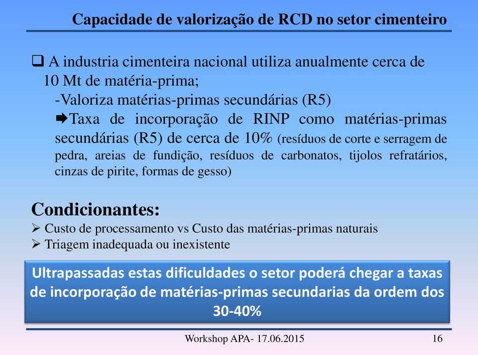 resíduos de carbonatos, tijolos refratários, cinzas de pirite, formas de gesso) Condicionantes: Custo de processamento vs Custo das matérias-primas naturais Triagem