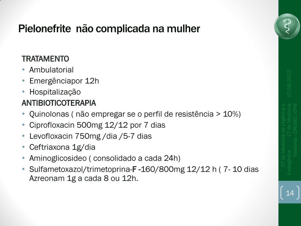 12/12 por 7 dias Levofloxacin 750mg /dia /5-7 dias Ceftriaxona 1g/dia Aminoglicosideo ( consolidado