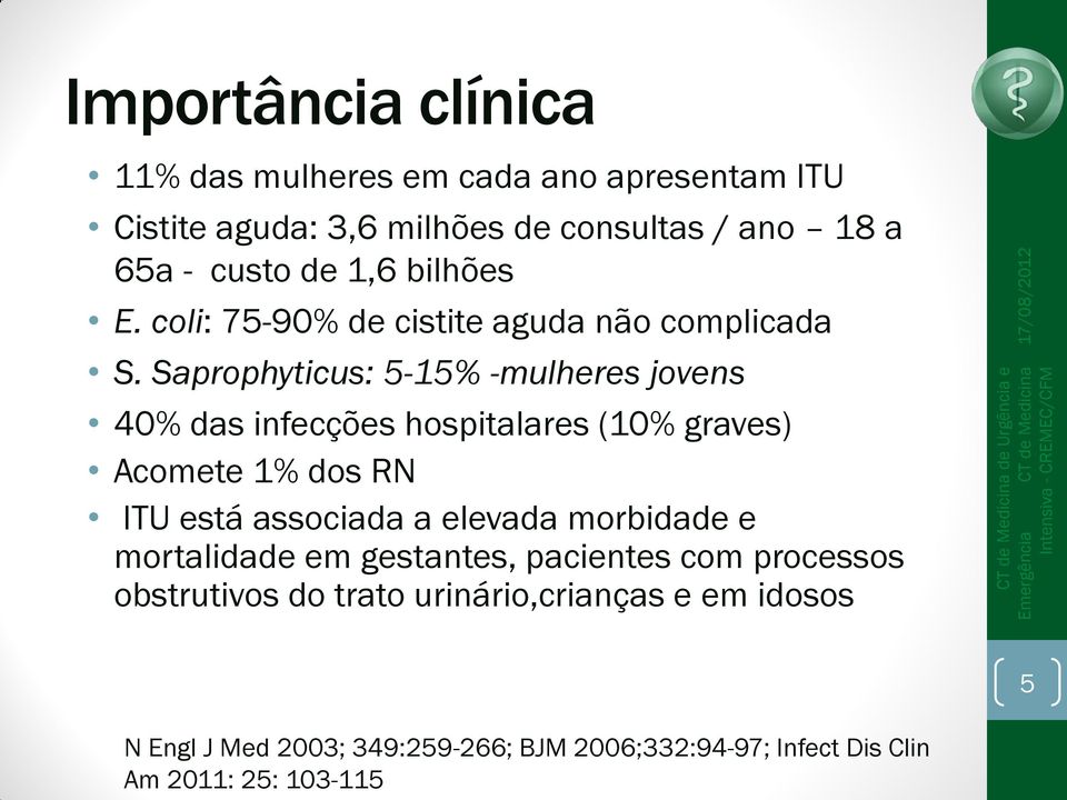 Saprophyticus: 5-15% -mulheres jovens 40% das infecções hospitalares (10% graves) Acomete 1% dos RN ITU está associada a elevada