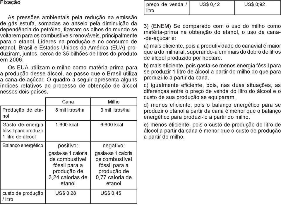 Os EUA utilizam o milho como matéria-prima para produção desse álcool, ao passo que o Brasil utiliza cana-de-açúcar.