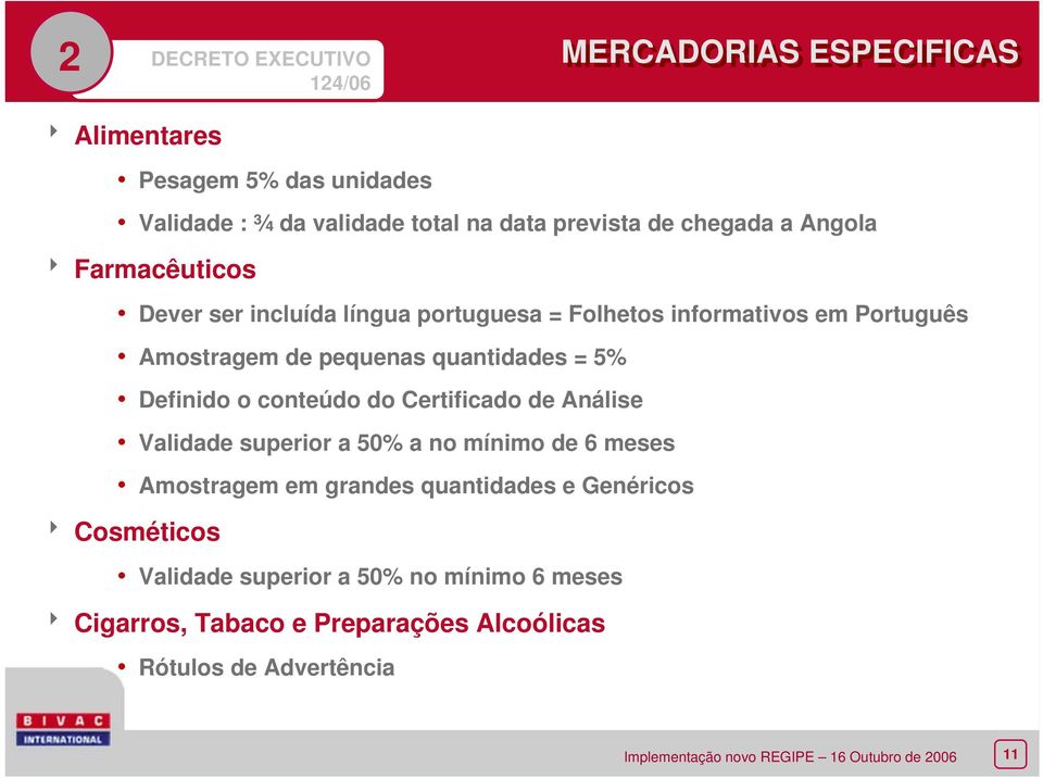 quantidades = 5% Definido o conteúdo do Certificado de Análise Validade superior a 50% a no mínimo de 6 meses Amostragem em grandes