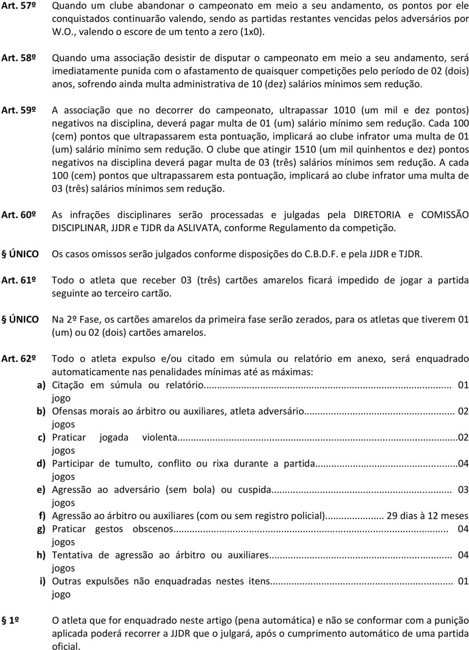 58º Quando uma associação desistir de disputar o campeonato em meio a seu andamento, será imediatamente punida com o afastamento de quaisquer competições pelo período de 02 (dois) anos, sofrendo