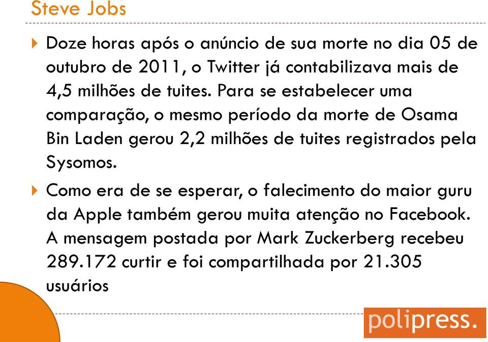 Para se estabelecer uma comparação, o mesmo período da morte de Osama Bin Laden gerou 2,2 milhões de tuites