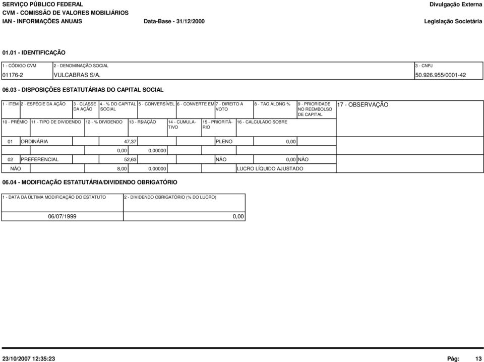 DIVIDENDO 12 - % DIVIDENDO 13 - R$/AÇÃO 14 - CUMULA- TIVO 15 - PRIORITÁ- RIO 8 - TAG ALONG % 16 - CALCULADO SOBRE 9 - PRIORIDADE NO REEMBOLSO DE CAPITAL 17 - OBSERVAÇÃO 01 ORDINÁRIA 47,37 PLENO 0,00