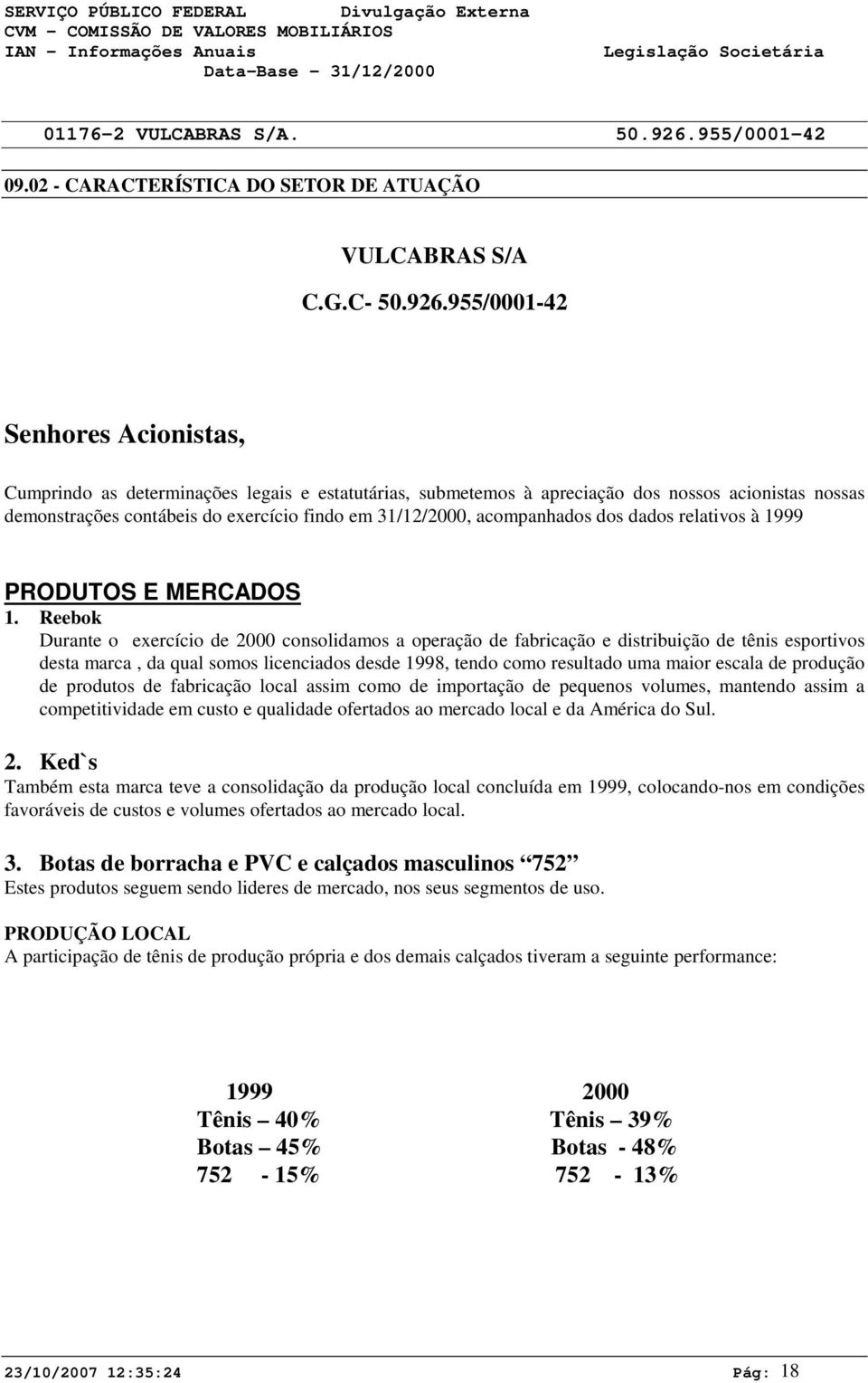 acompanhados dos dados relativos à 1999 PRODUTOS E MERCADOS 1.