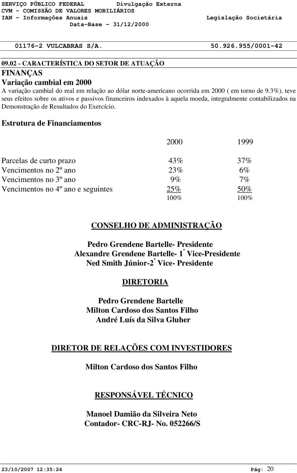 Estrutura de Financiamentos 2000 1999 Parcelas de curto prazo 43% 37% Vencimentos no 2º ano 23% 6% Vencimentos no 3º ano 9% 7% Vencimentos no 4º ano e seguintes 25% 50% 100% 100% CONSELHO DE