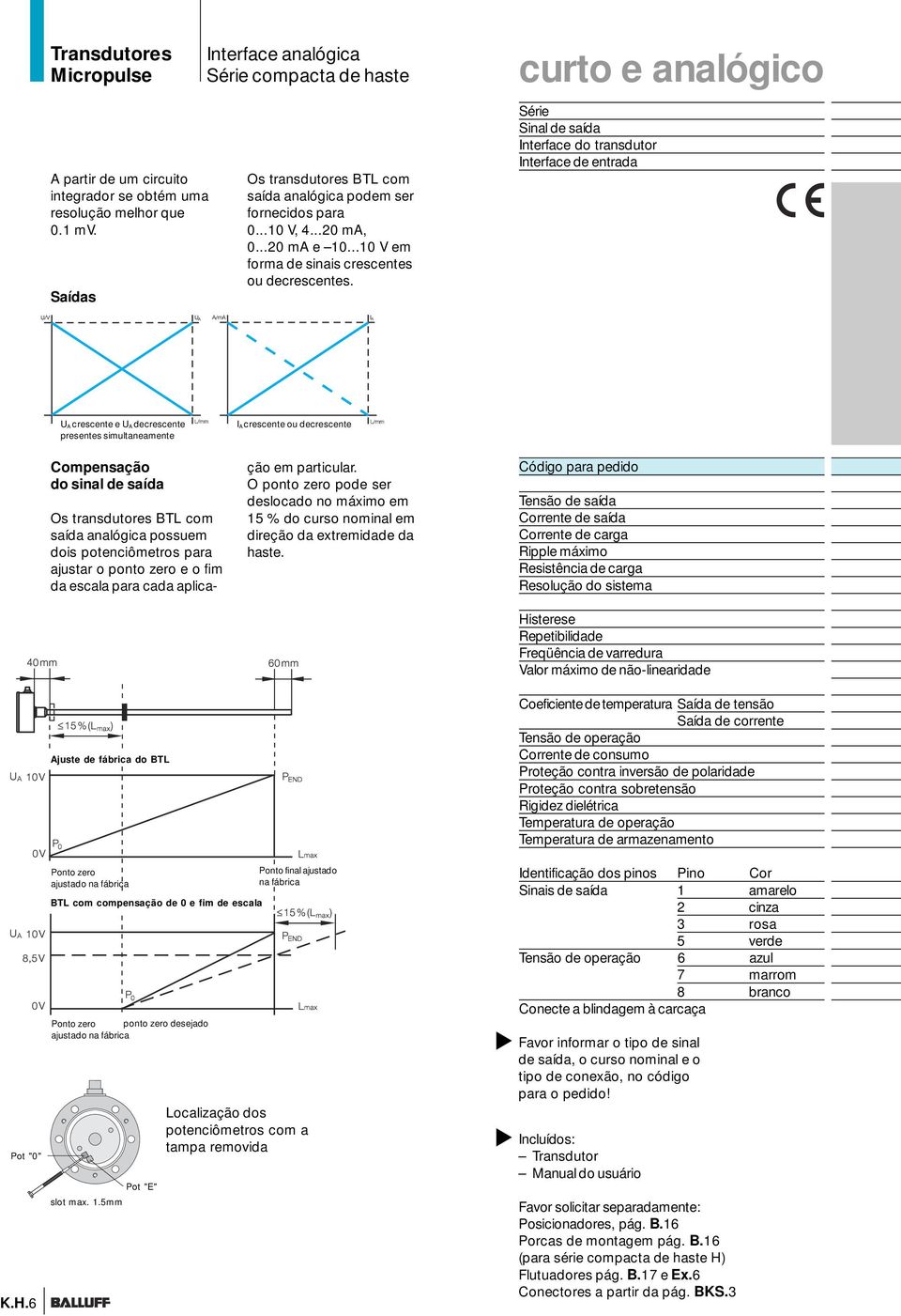 curto e analógico Sinal de saída do transdutor de entrada UA crescente e UA decrescente presentes simultaneamente Compensação do sinal de saída Os transdutores com saída possuem dois potenciômetros