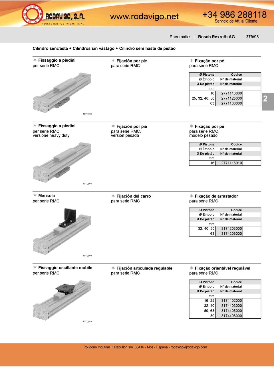 por pie para serie RMC, versión pesada Fixação por pé para série RMC, modelo pesado Ø Pistone Codice Ø Émbolo N de material Ø De pistão N de material 16 2771116010 P277_008 Mensola per serie RMC