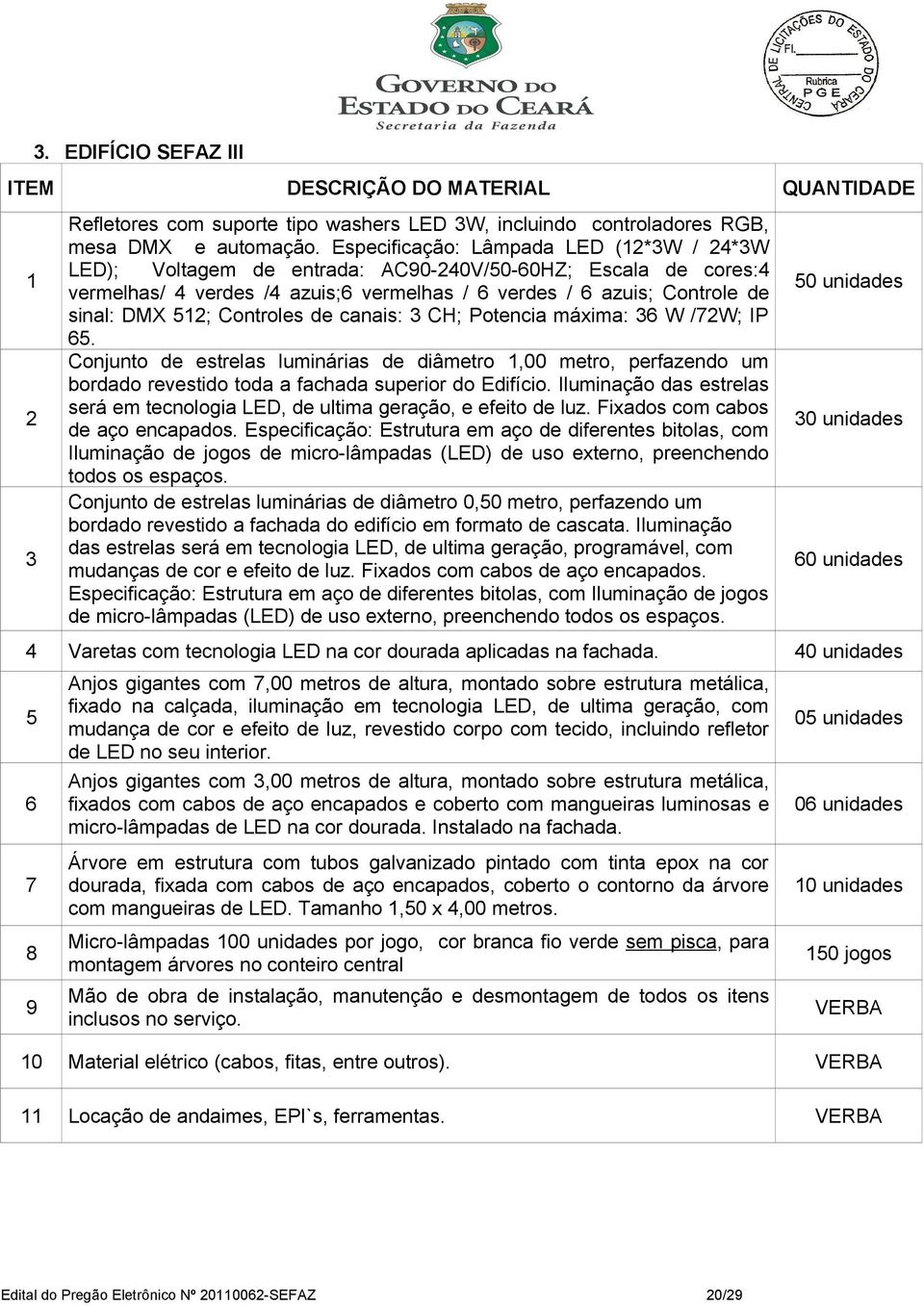 Controles de canais: 3 CH; Potencia máxima: 36 W /72W; IP 65. Conjunto de estrelas luminárias de diâmetro 1,00 metro, perfazendo um bordado revestido toda a fachada superior do Edifício.