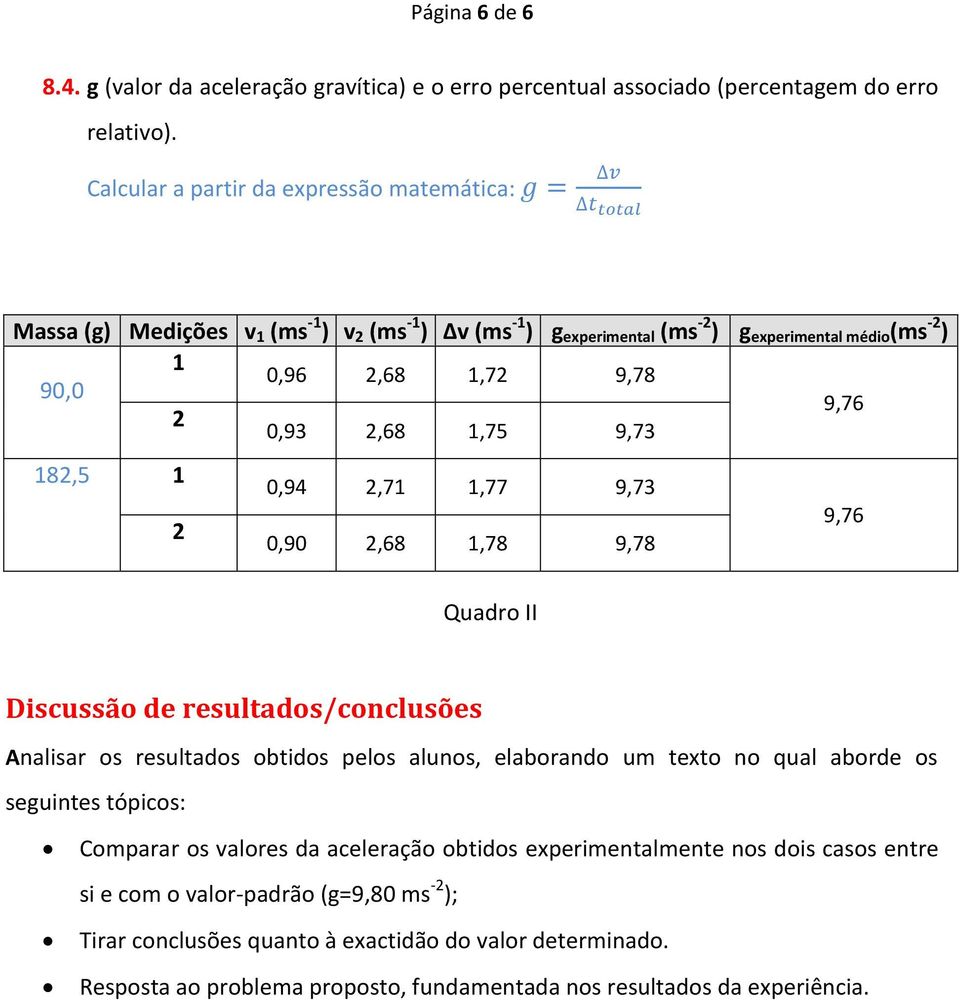 1,77 9,73 9,76 2 0,90 2,68 1,78 9,78 Quadro II Discussão de resultados/conclusões Analisar os resultados obtidos pelos alunos, elaborando um texto no qual aborde os seguintes tópicos: