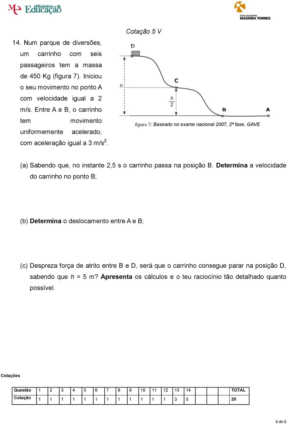 Cotação 5 V figura 7: Baseado no exame nacional 2007, 2ª fase, GAVE (a) Sabendo que, no instante 2,5 s o carrinho passa na posição B.