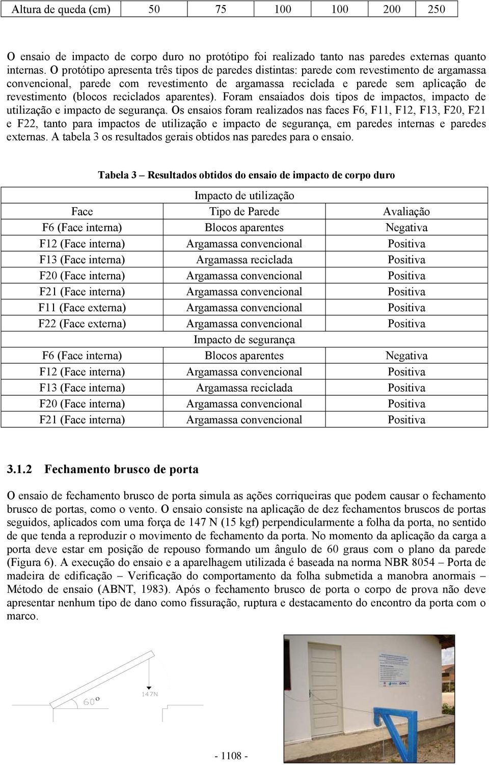 reciclados aparentes). Foram ensaiados dois tipos de impactos, impacto de utilização e impacto de segurança.