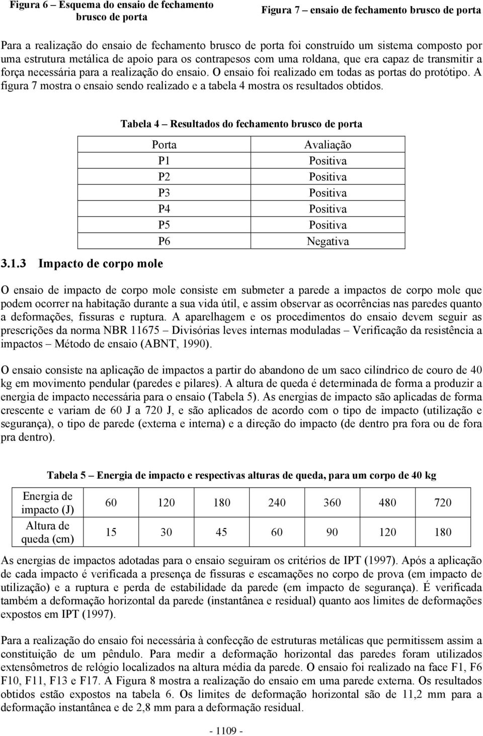 A figura 7 mostra o ensaio sendo realizado e a tabela 4 mostra os resultados obtidos. Tabela 4 Resultados do fechamento brusco de porta Porta P1 