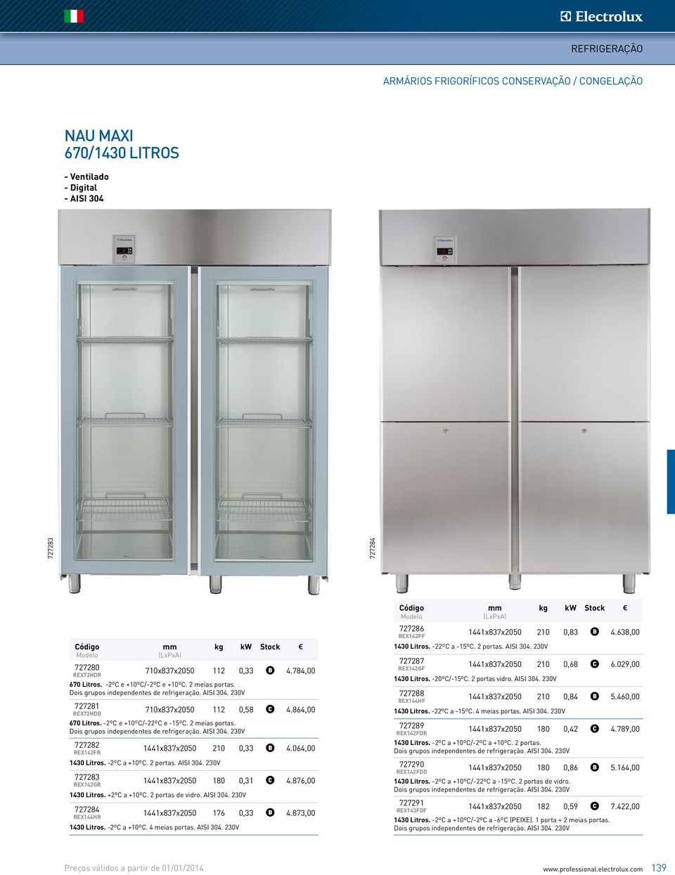 2 meias portas. Dois grupos independentes de refrigeração. AISI 304. 230V 727282 REX142FR 1441x837x2050 210 0,33 4.064,00 1430 Litros. -2ºC a +10ºC. 2 portas. AISI 304. 230V 727283 1441x837x2050 180 0,31 4.