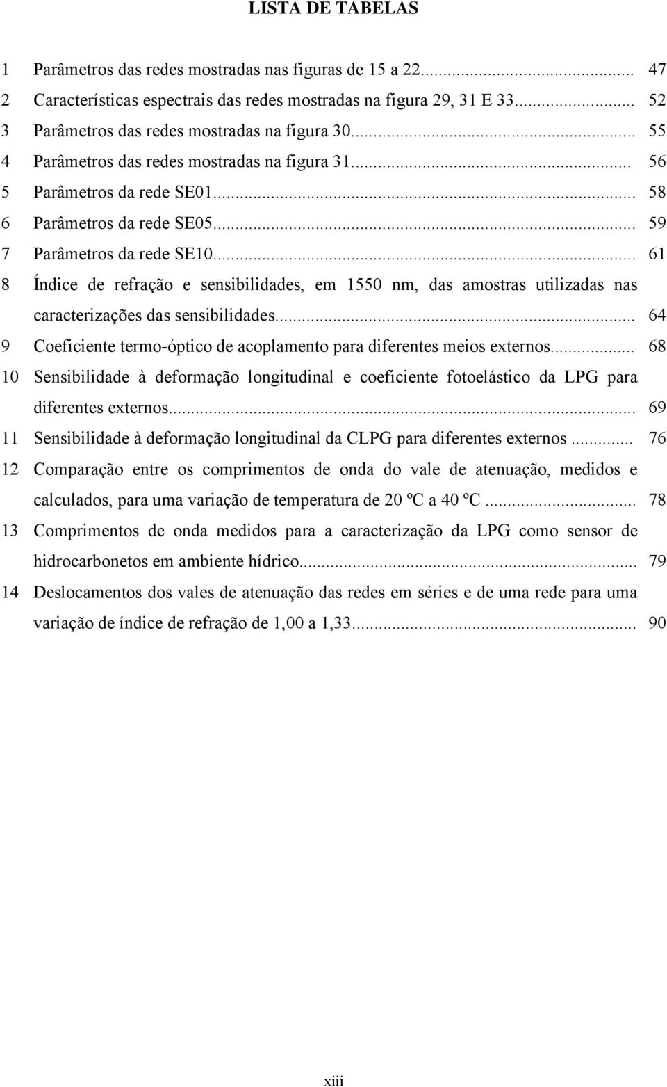 .. 61 8 Índice de refração e sensibilidades, em 1550 nm, das amostras utilizadas nas caracterizações das sensibilidades... 64 9 Coeficiente termo-óptico de acoplamento para diferentes meios externos.