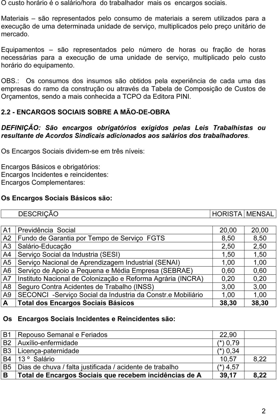 Equipamentos são representados pelo número de horas ou fração de horas necessárias para a execução de uma unidade de serviço, multiplicado pelo custo horário do equipamento. OBS.