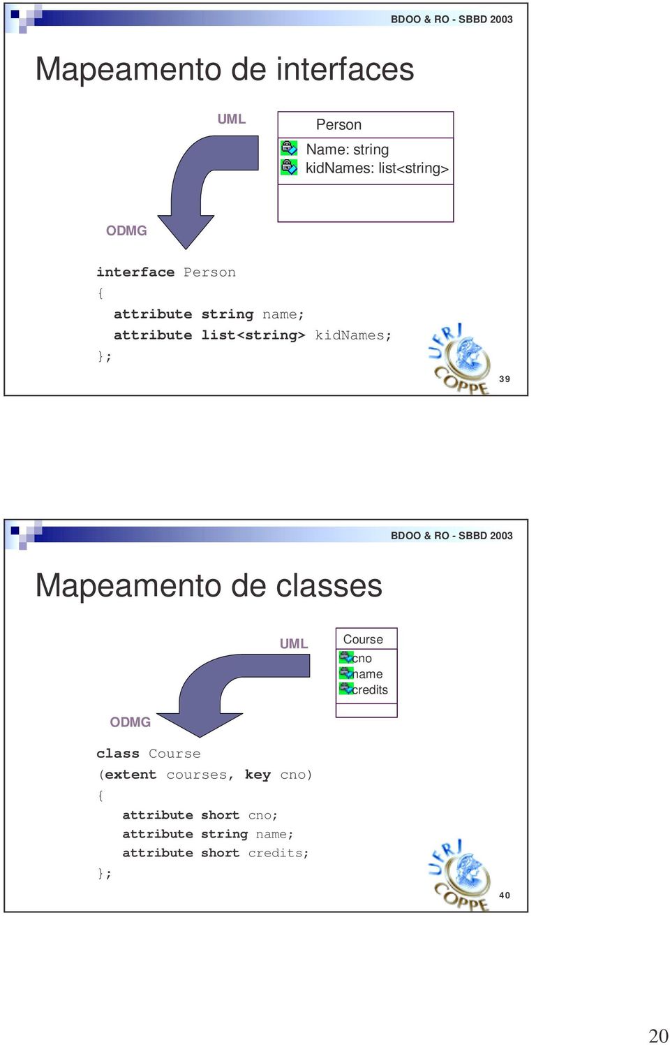 Mapeamento de classes UML Course cno name credits ODMG class Course (extent