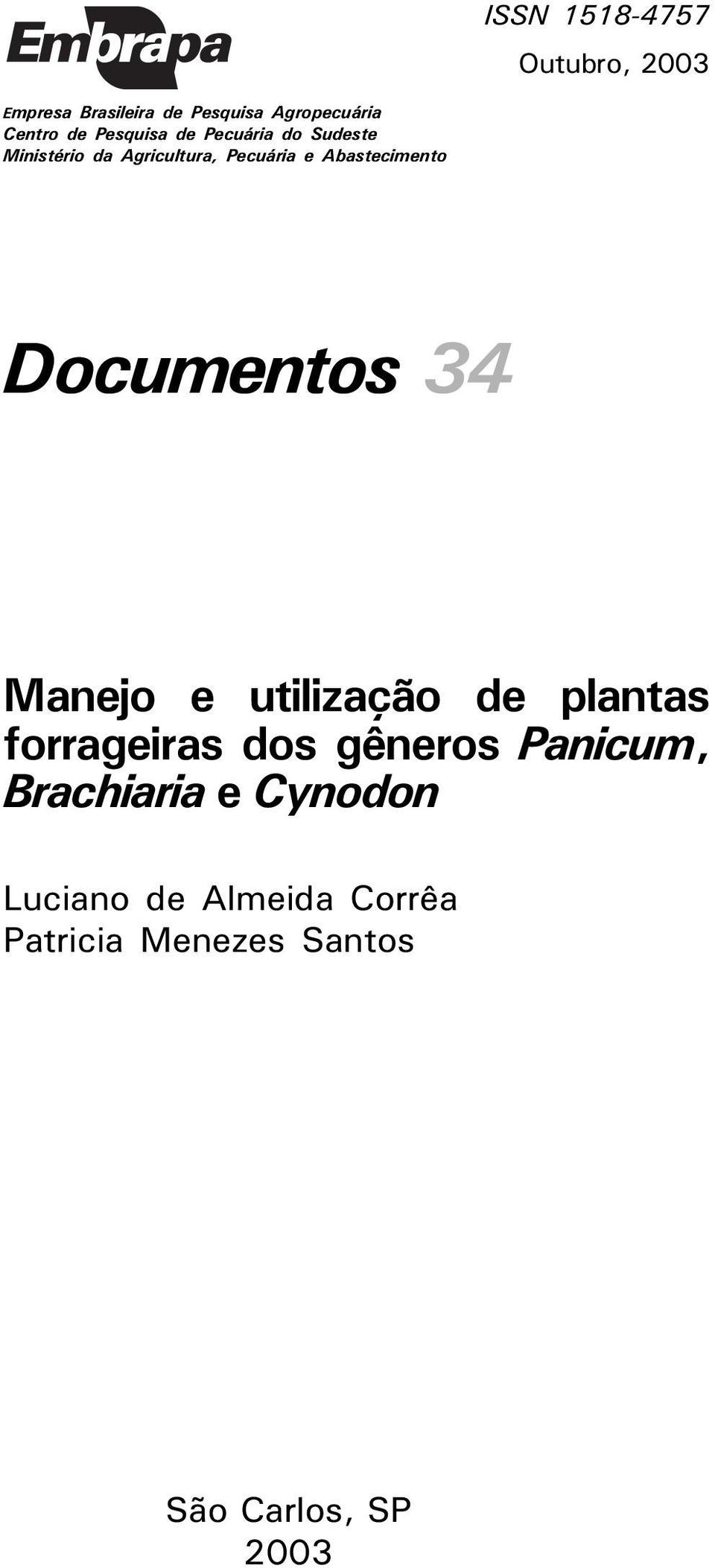 Documentos 34 Manejo e utilização de plantas forrageiras dos gêneros Panicum,
