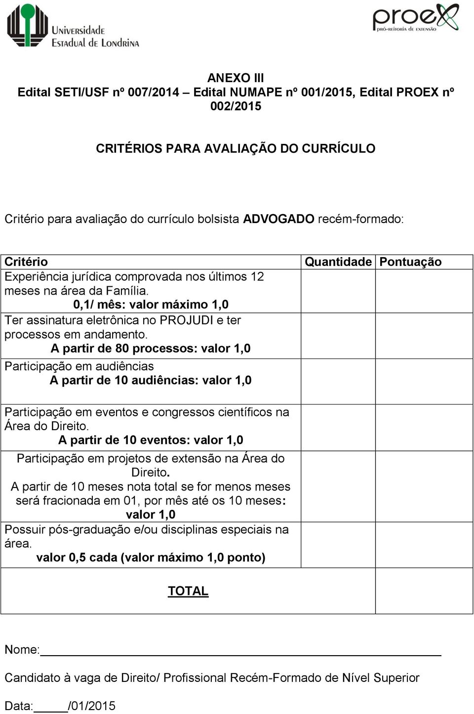 A partir de 80 processos: valor 1,0 Participação em audiências A partir de 10 audiências: valor 1,0 Quantidade Pontuação Participação em eventos e congressos científicos na Área do Direito.