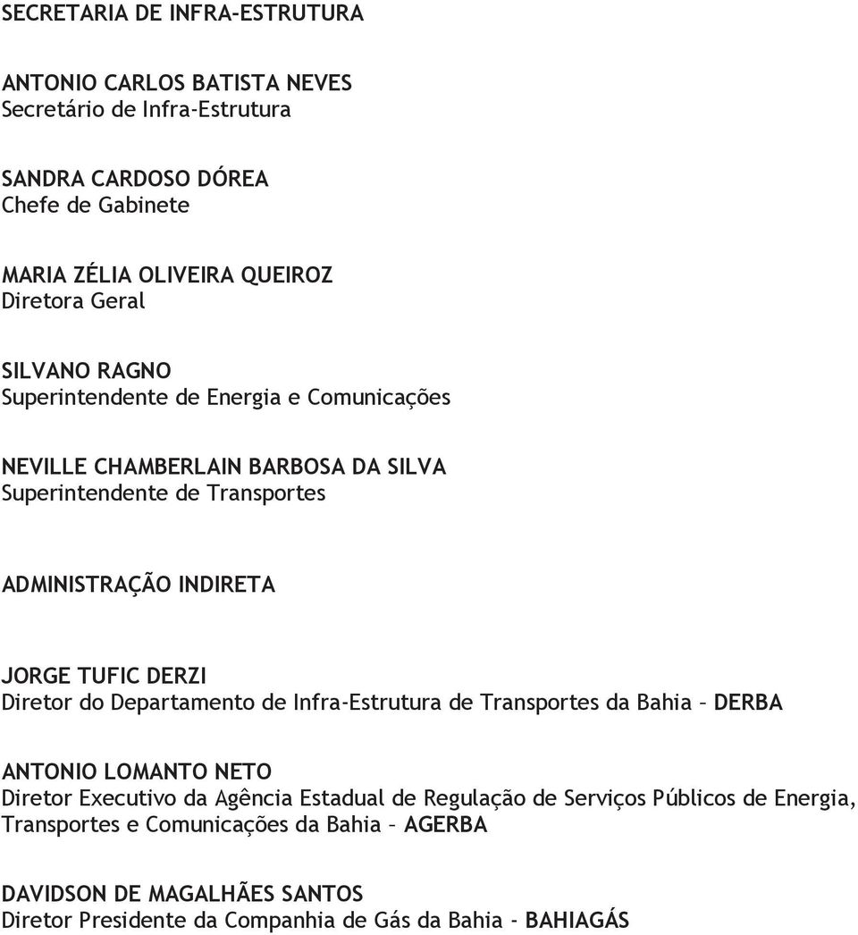 JORGE TUFIC DERZI Diretor do Departamento de Infra-Estrutura de Transportes da Bahia DERBA ANTONIO LOMANTO NETO Diretor Executivo da Agência Estadual de