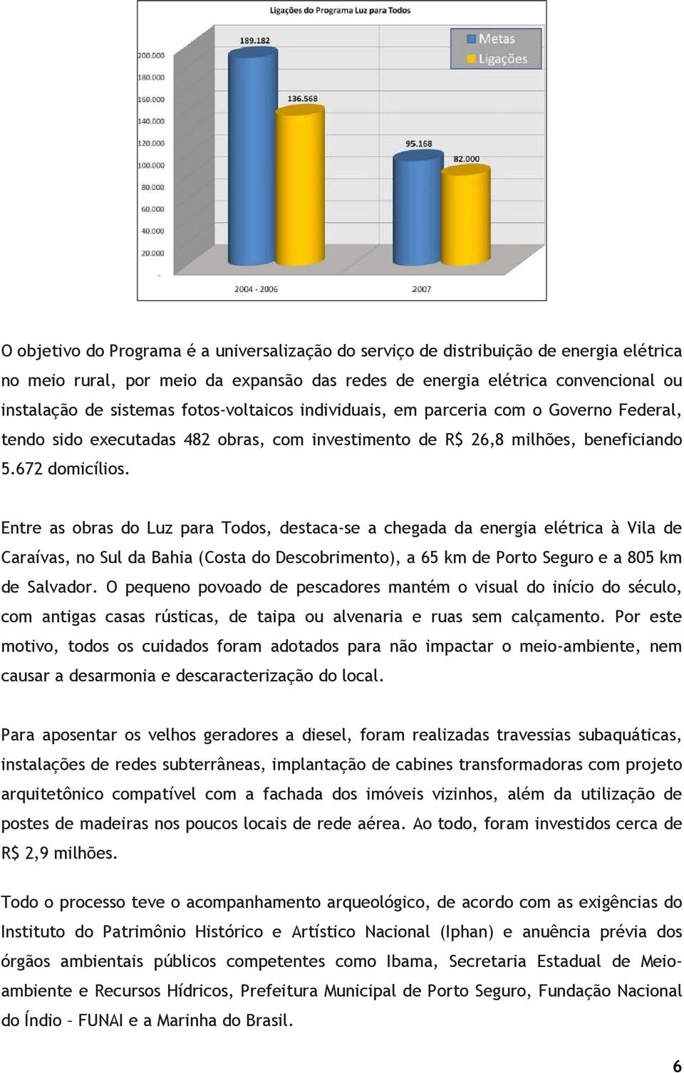 Entre as obras do Luz para Todos, destaca-se a chegada da energia elétrica à Vila de Caraívas, no Sul da Bahia (Costa do Descobrimento), a 65 km de Porto Seguro e a 805 km de Salvador.