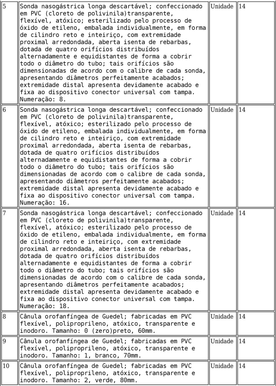 7 Sonda nasogástrica longa descartável; confeccionado Numeração: 18.