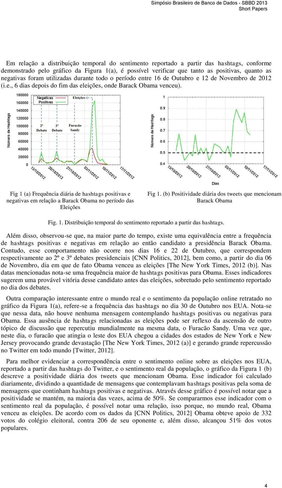 Fig 1 (a) Frequência diária de hashtags positivas e negativas em relação a Barack Obama no período das Eleições Fig 1. (b) Positividade diária dos tweets que mencionam Barack Obama Fig. 1. Distribuição temporal do sentimento reportado a partir das hashtags.