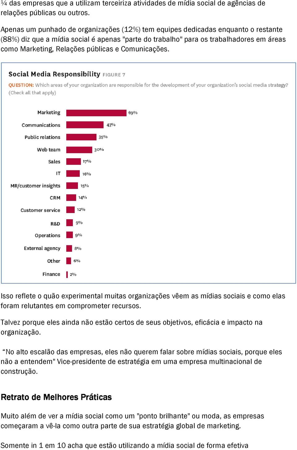 públicas e Comunicações. Isso reflete o quão experimental muitas organizações vêem as mídias sociais e como elas foram relutantes em comprometer recursos.