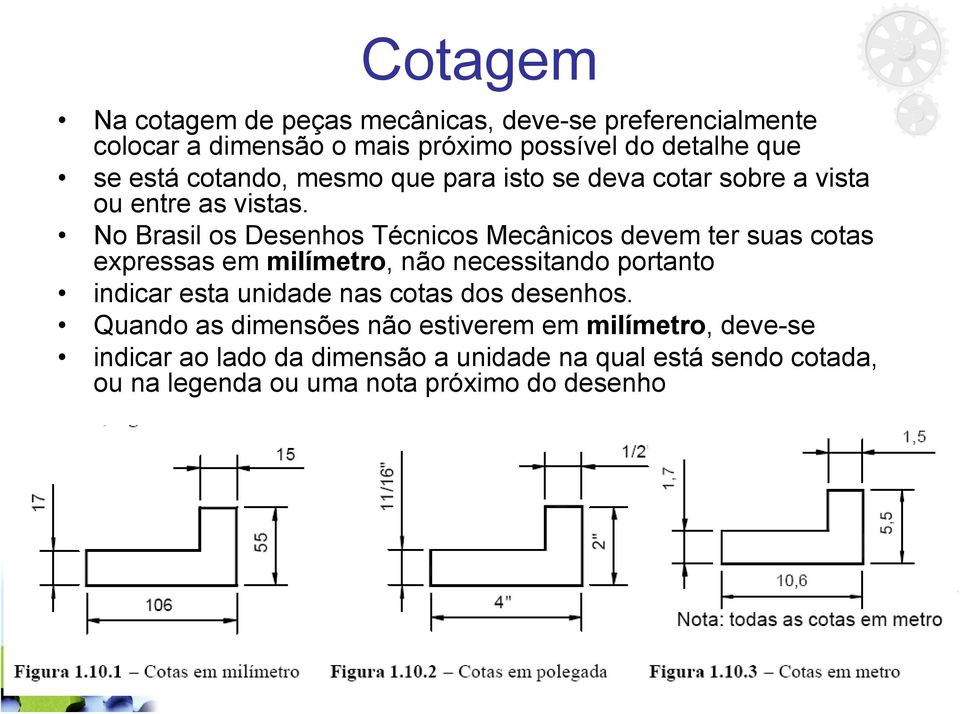 No Brasil os Desenhos Técnicos Mecânicos devem ter suas cotas expressas em milímetro, não necessitando portanto indicar esta unidade