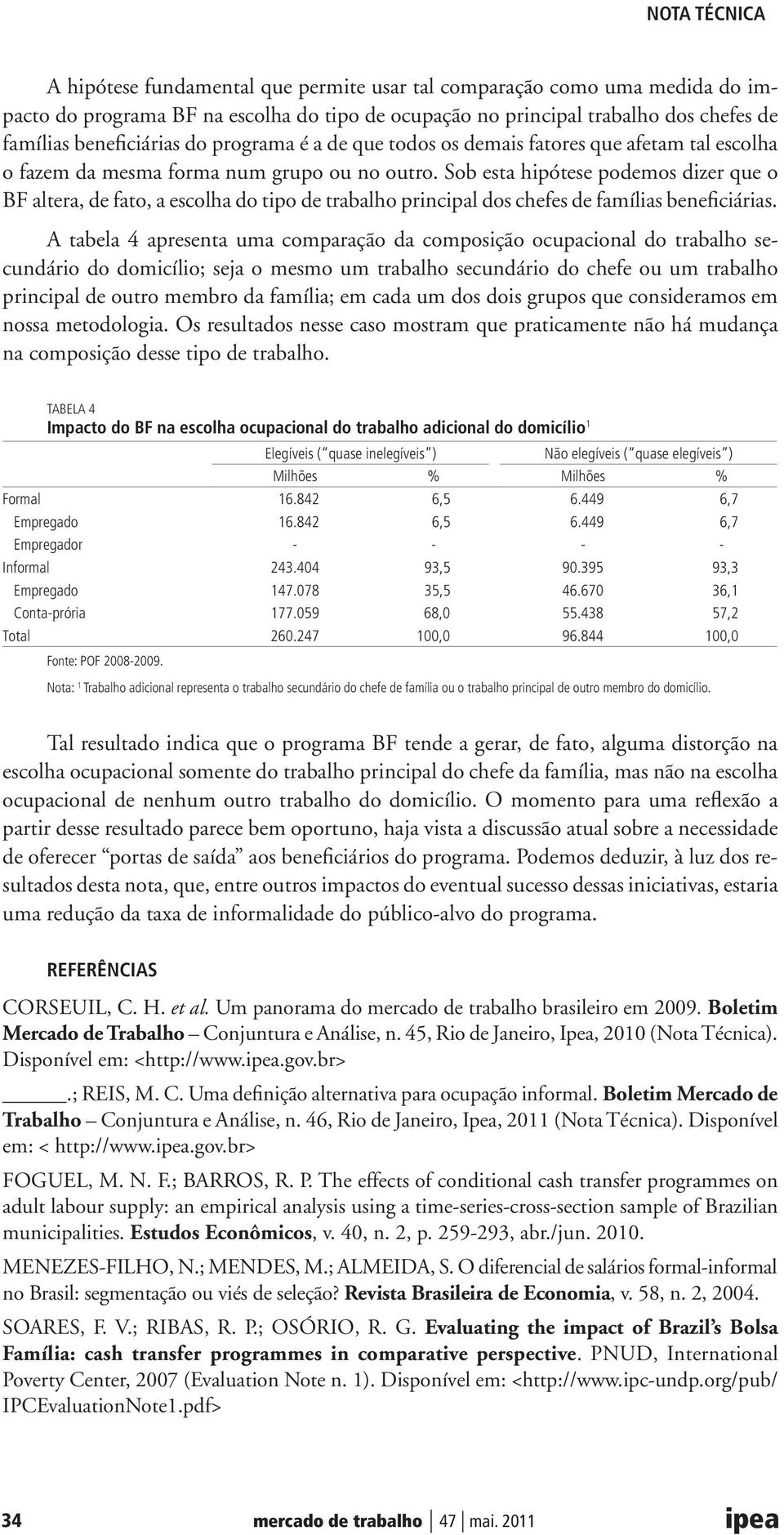 Sob esta hipótese podemos dizer que o BF altera, de fato, a escolha do tipo de trabalho principal dos chefes de famílias beneficiárias.