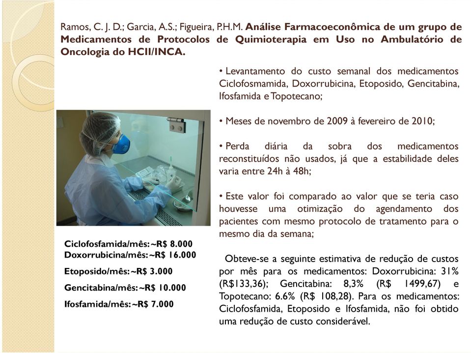 medicamentos reconstituídos não usados, já que a estabilidade deles variaentre24hà48h; Ciclofosfamida/mês: ~R$ 8.000 Doxorrubicina/mês: ~R$ 16.000 Etoposido/mês: ~R$ 3.000 Gencitabina/mês: ~R$ 10.