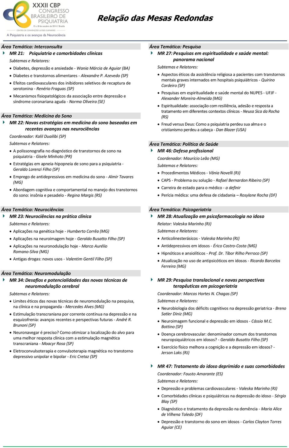 - Norma Oliveira (SE) Área Temática: Medicina do Sono MR 22: Novas estratégias em medicina do sono baseadas em recentes avanços nas neurociências Coordenador: Kalil Duailibi (SP) A polissonografia no