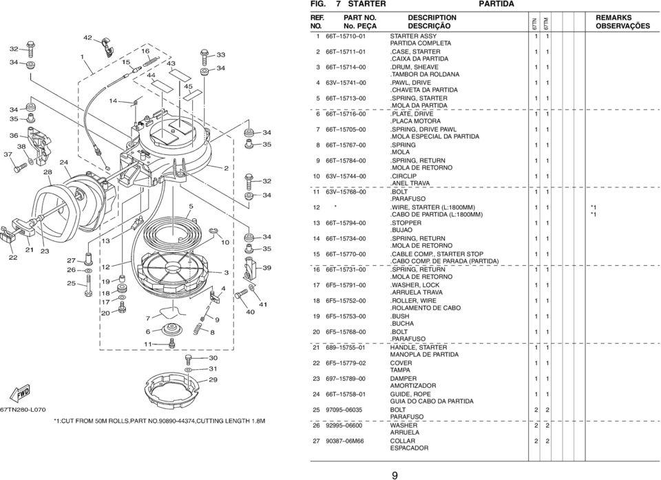 SPRING, RETN.MOLA DE RETORNO 0 63V 5744 00.CIRCLIP.ANEL TRAVA 63V 5768 00.BOLT. *.WIRE, STARTER (L:800MM).CABO DE PARTIDA (L:800MM) 3 66T 5794 00.STOPPER.BUJAO 4 66T 5734 00.SPRING, RETN.MOLA DE RETORNO 5 66T 5770 00.