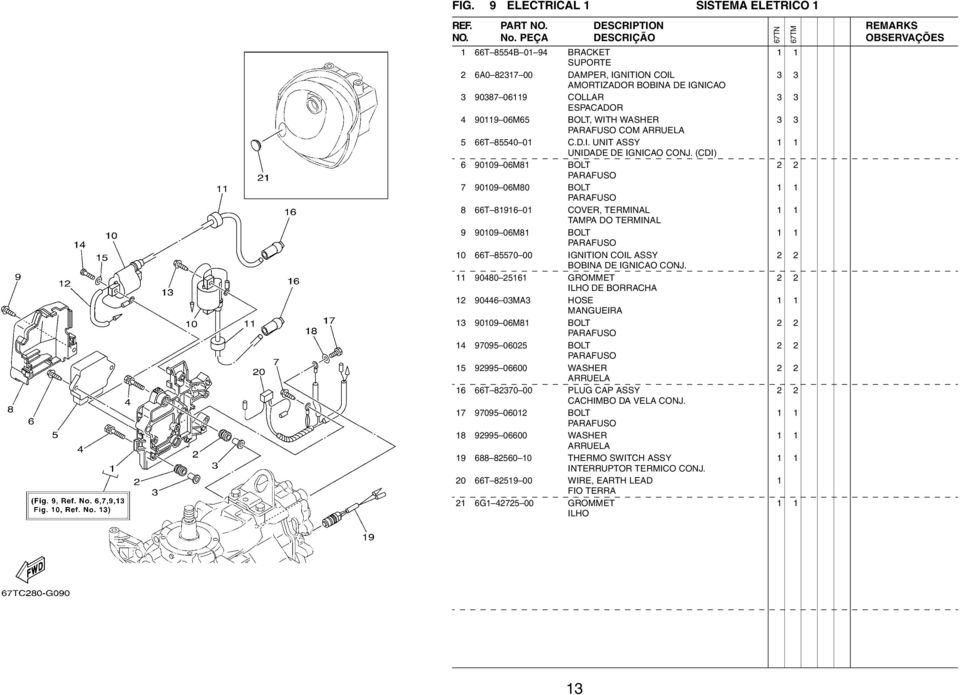 (CDI) 6 9009 06M8 BOLT 7 9009 06M80 BOLT 8 66T 896 0 COVER, TERMINAL TAMPA DO TERMINAL 9 9009 06M8 BOLT 0 66T 85570 00 IGNITION COIL ASSY BOBINA DE IGNICAO CONJ.