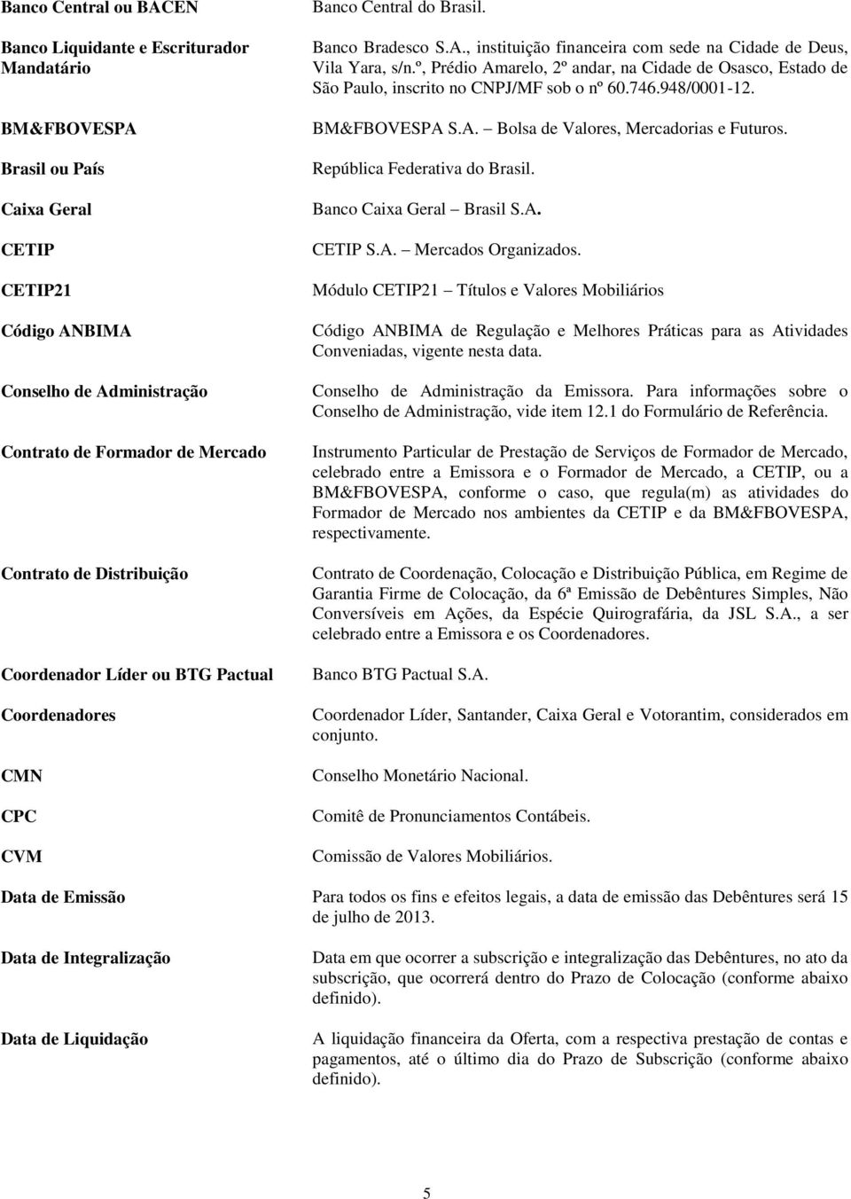 º, Prédio Amarelo, 2º andar, na Cidade de Osasco, Estado de São Paulo, inscrito no CNPJ/MF sob o nº 60.746.948/0001-12. BM&FBOVESPA S.A. Bolsa de Valores, Mercadorias e Futuros.