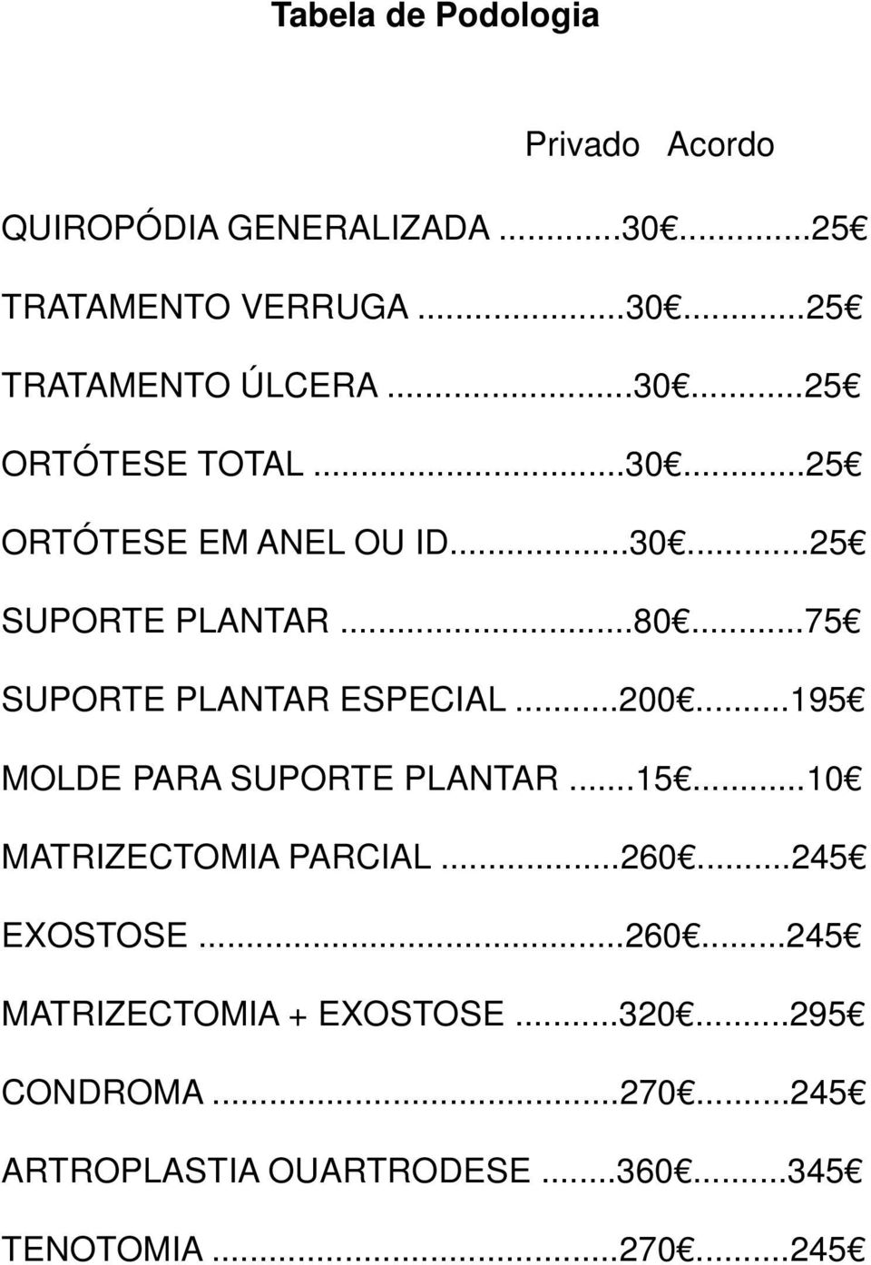 ..75 SUPORTE PLANTAR ESPECIAL...200...195 MOLDE PARA SUPORTE PLANTAR...15...10 MATRIZECTOMIA PARCIAL...260.