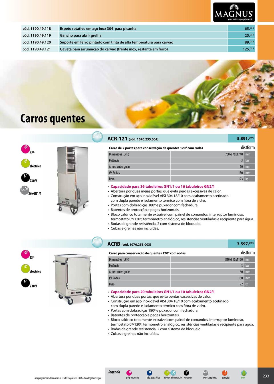 891, 00 distfrm Carr d 2 prtas para cnsrvaçã d qunts 120º cm rdas Dimnsõs (LPH) 700x870x1740 mm Ptência 3 kw Altura ntr guias 60 mm Ø Rdas 150 mm Ps 123 kg Capacidad para 36 tabulirs 1/1 u 16