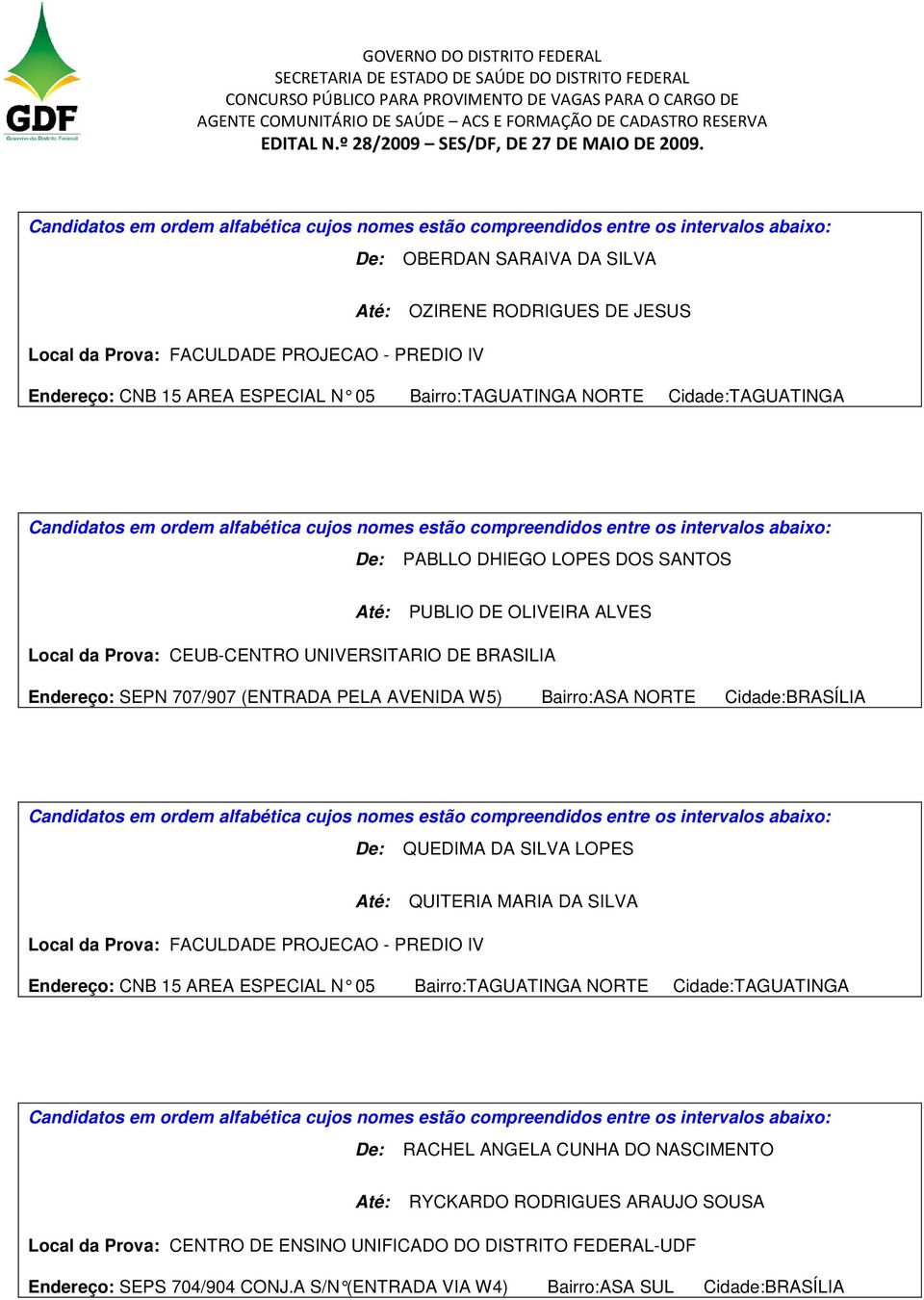 Bairro:ASA NORTE Cidade:BRASÍLIA De: QUEDIMA DA SILVA LOPES Até: QUITERIA MARIA DA SILVA Endereço: CNB 15 AREA ESPECIAL N 05 Bairro:TAGUATINGA NORTE