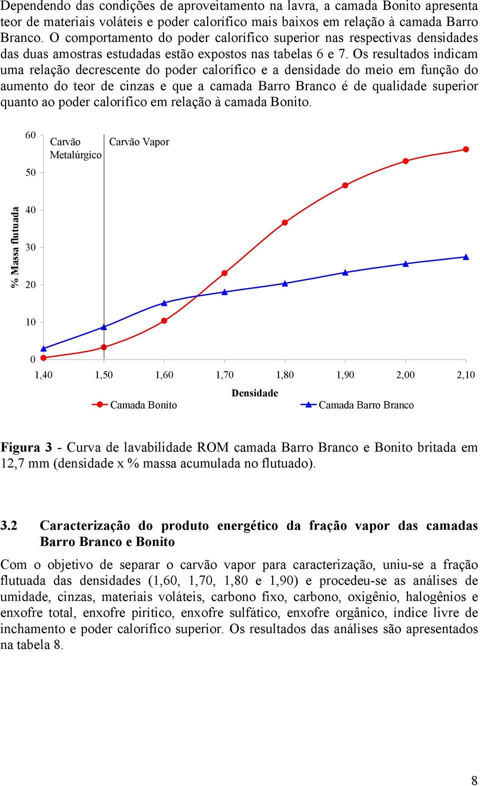 Os resultados indicam uma relação decrescente do poder calorífico e a densidade do meio em função do aumento do teor de cinzas e que a camada Barro Branco é de qualidade superior quanto ao poder