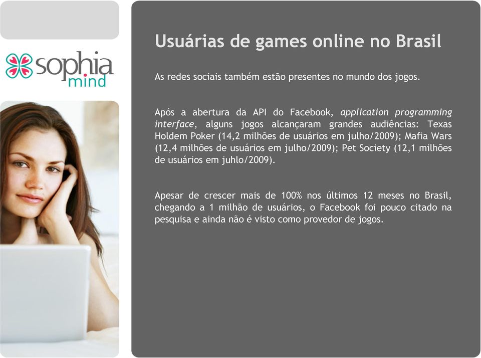 milhões de usuários em julho/2009); Mafia Wars (12,4 milhões de usuários em julho/2009); Pet Society (12,1 milhões de usuários em