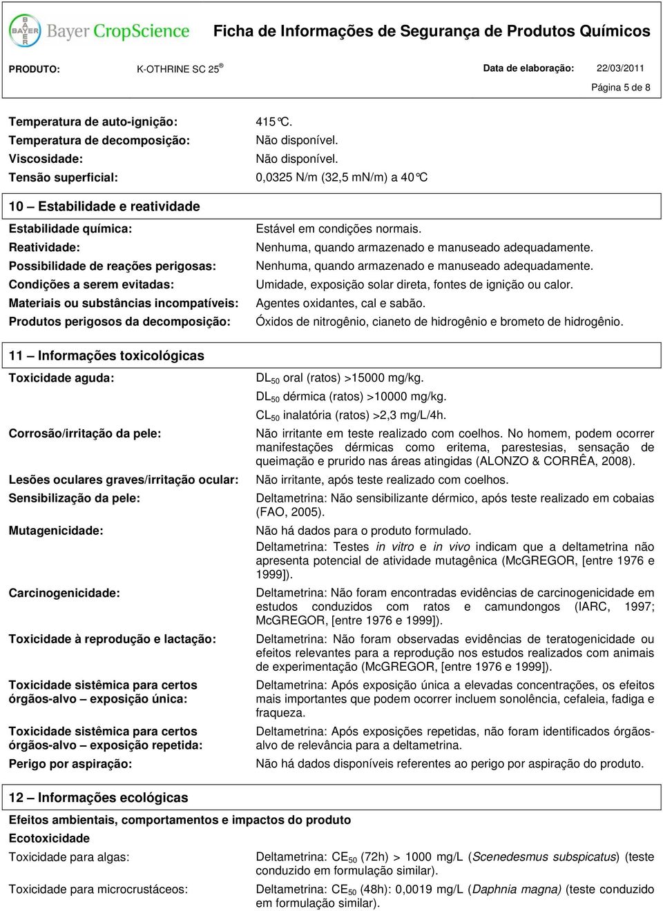 Condições a serem evitadas: Materiais ou substâncias incompatíveis: Produtos perigosos da decomposição: Estável em condições normais. Nenhuma, quando armazenado e manuseado adequadamente.