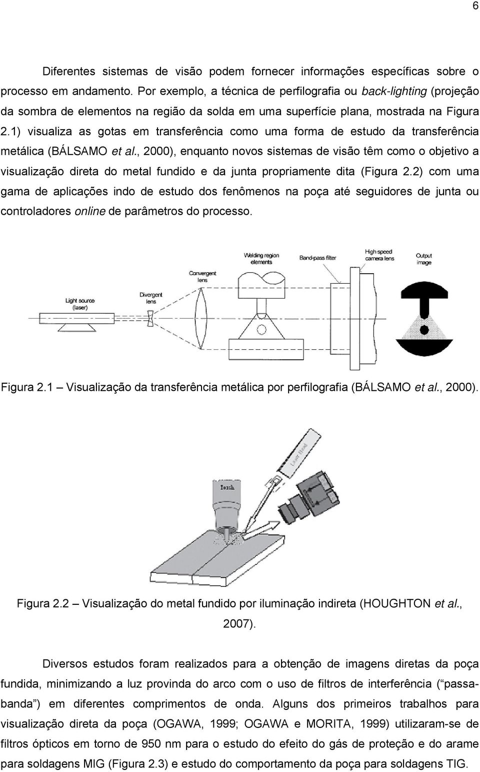 1) visualiza as gotas em transferência como uma forma de estudo da transferência metálica (BÁLSAMO et al.