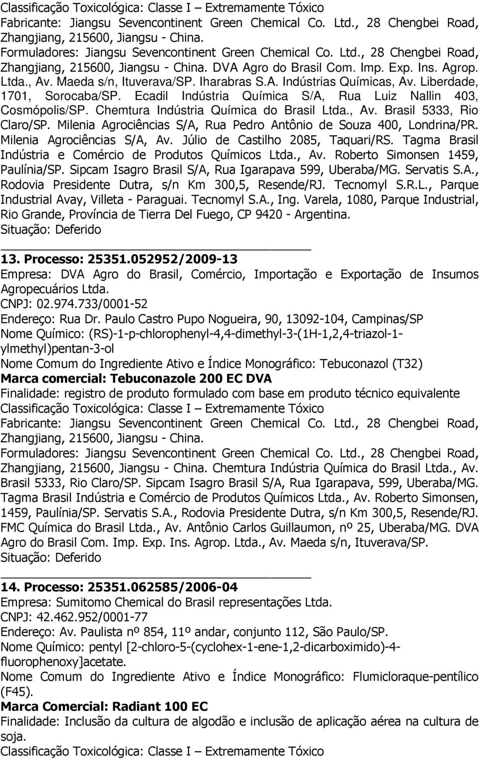 Chemtura Indústria Química do Brasil Ltda., Av. Brasil 5333, Rio Claro/SP. Milenia Agrociências S/A, Rua Pedro Antônio de Souza 400, Londrina/PR. Milenia Agrociências S/A, Av.