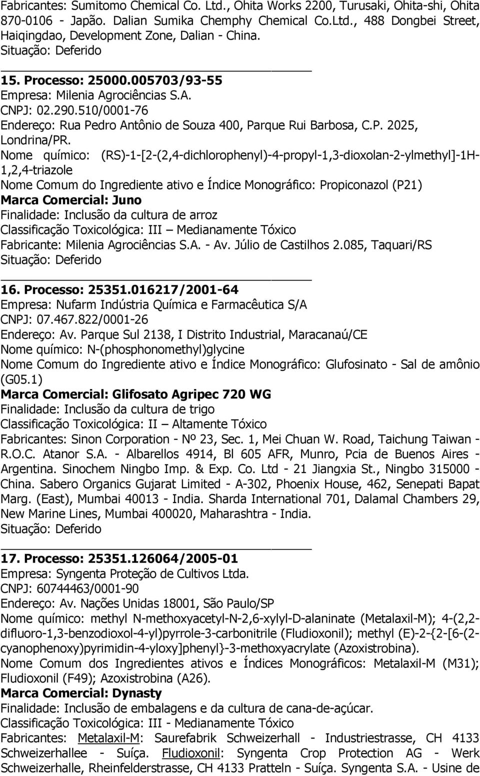 Nome químico: (RS)-1-[2-(2,4-dichlorophenyl)-4-propyl-1,3-dioxolan-2-ylmethyl]-1H- 1,2,4-triazole Nome Comum do Ingrediente ativo e Índice Monográfico: Propiconazol (P21) Marca Comercial: Juno