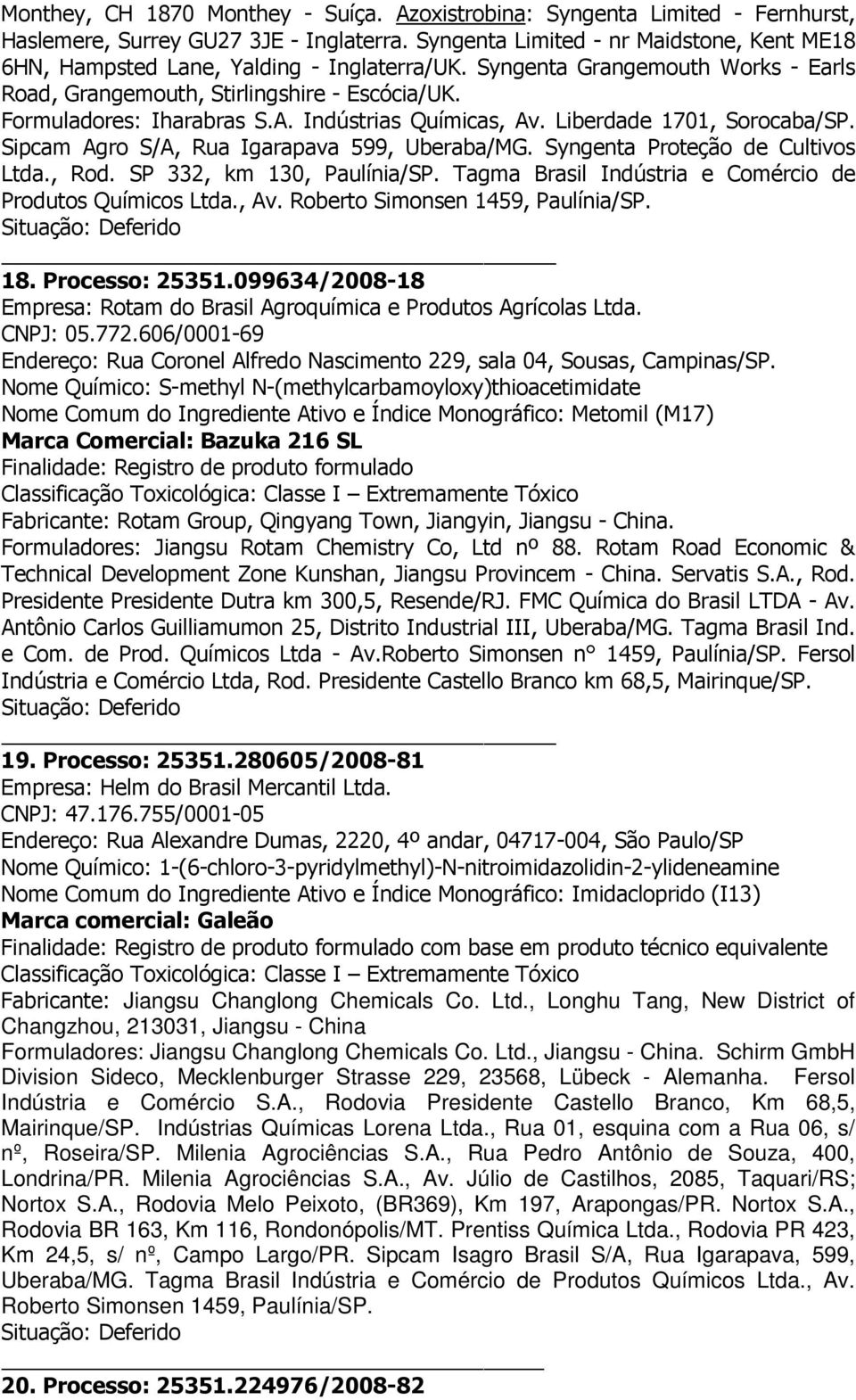 Indústrias Químicas, Av. Liberdade 1701, Sorocaba/SP. Sipcam Agro S/A, Rua Igarapava 599, Uberaba/MG. Syngenta Proteção de Cultivos Ltda., Rod. SP 332, km 130, Paulínia/SP.