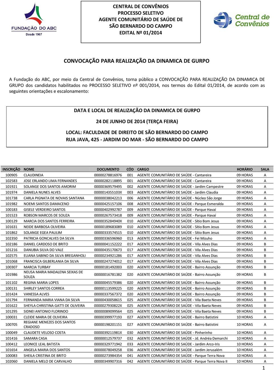 orientações e escalonamento: DATA E LOCAL DE REALIZAÇÃO DA DINAMICA DE GURPO 24 DE JUNHO DE 2014 (TERÇA FEIRA) LOCAL: FACULDADE DE DIREITO DE SÃO BERNARDO DO CAMPO RUA JAVA, 425 - JARDIM DO MAR - SÃO