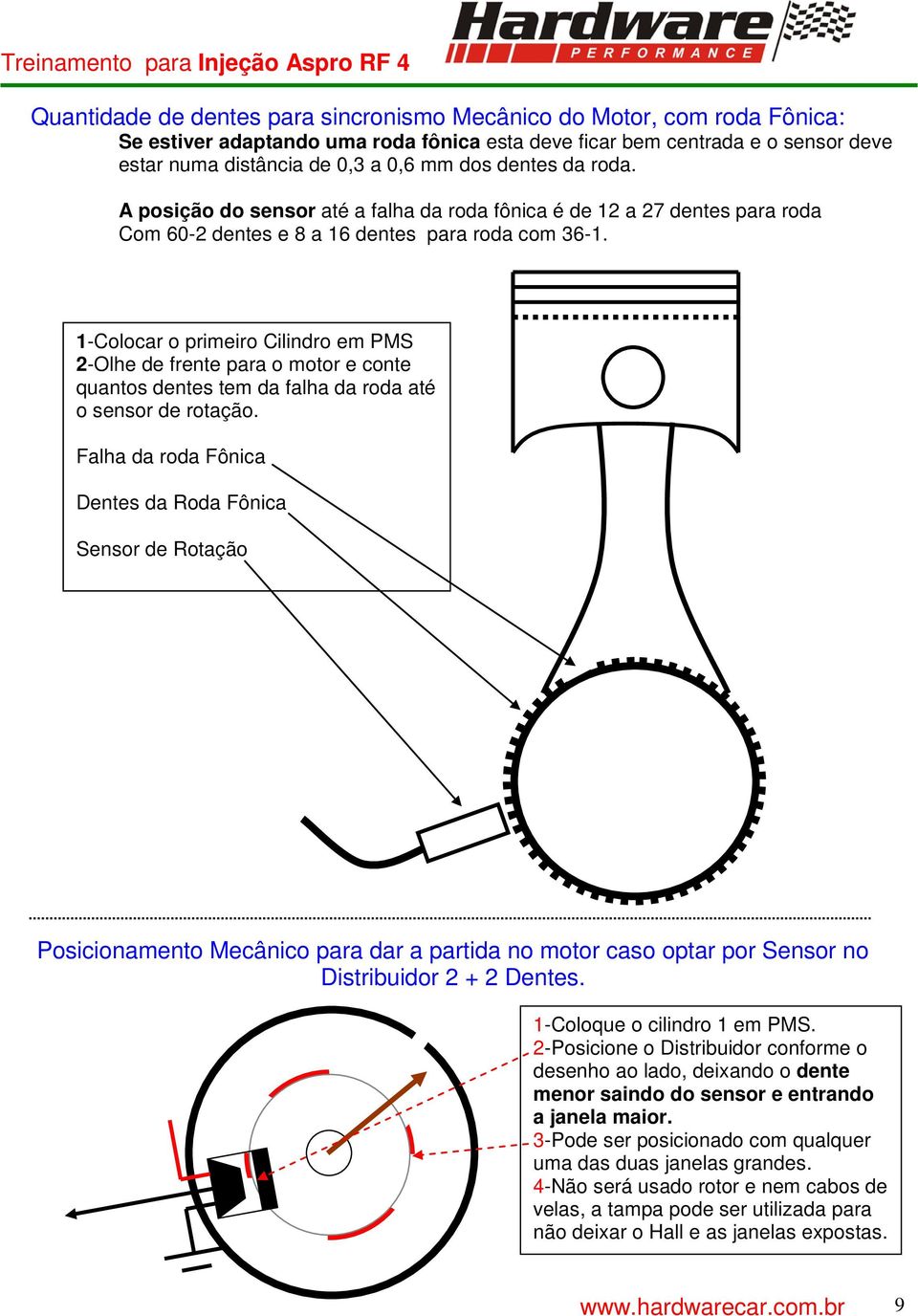 1-Colocar o primeiro Cilindro em PMS 2-Olhe de frente para o motor e conte quantos dentes tem da falha da roda até o sensor de rotação.