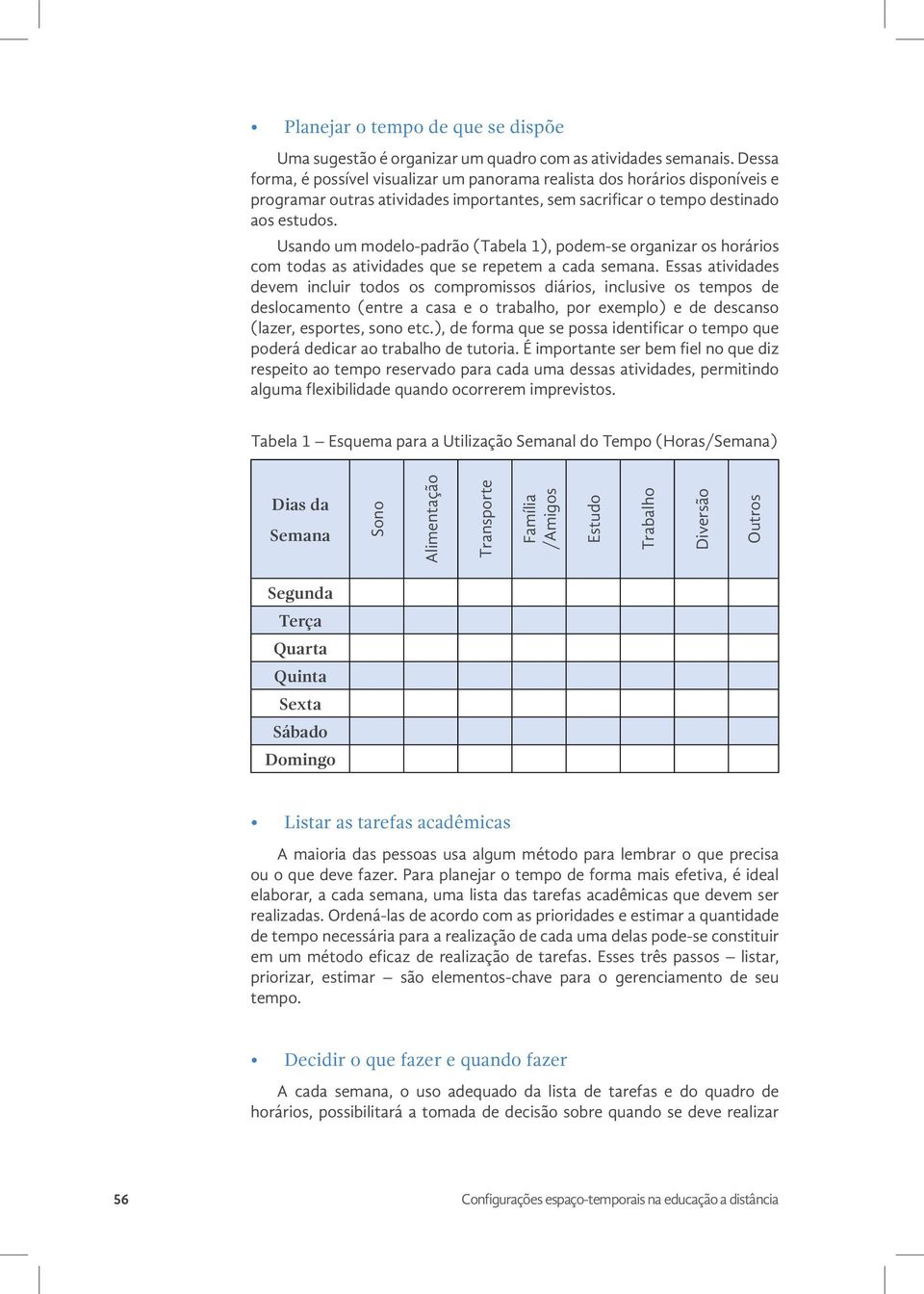 Usando um modelo-padrão (Tabela 1), podem-se organizar os horários com todas as atividades que se repetem a cada semana.